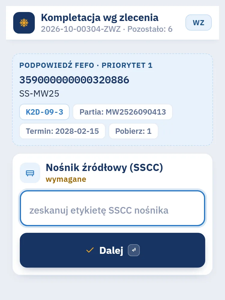 Telefon magazyniera: kompletacja według zlecenia z podpowiedzią FEFO nośnika, gniazda i partii