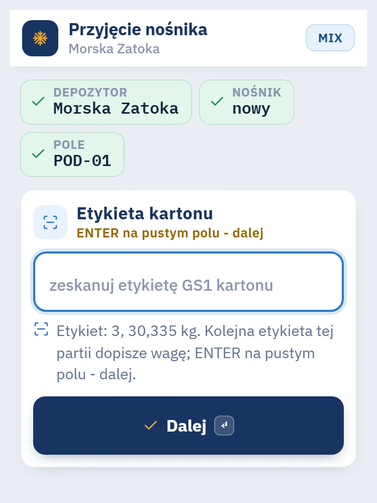 Telefon magazyniera: przyjęcie nośnika z trzema zeskanowanymi etykietami GS1 i sumą wagi 30,335 kg