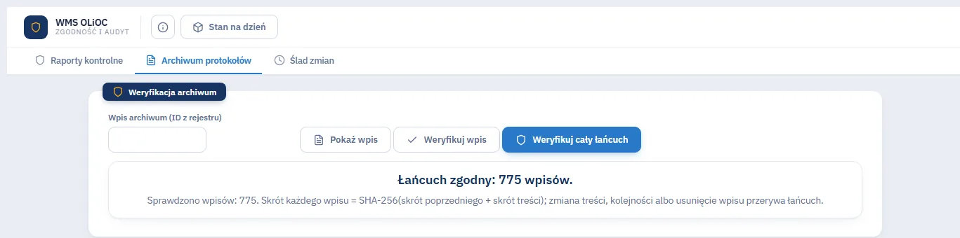 Archiwum protokołów: wynik weryfikacji całego łańcucha skrótów SHA-256
