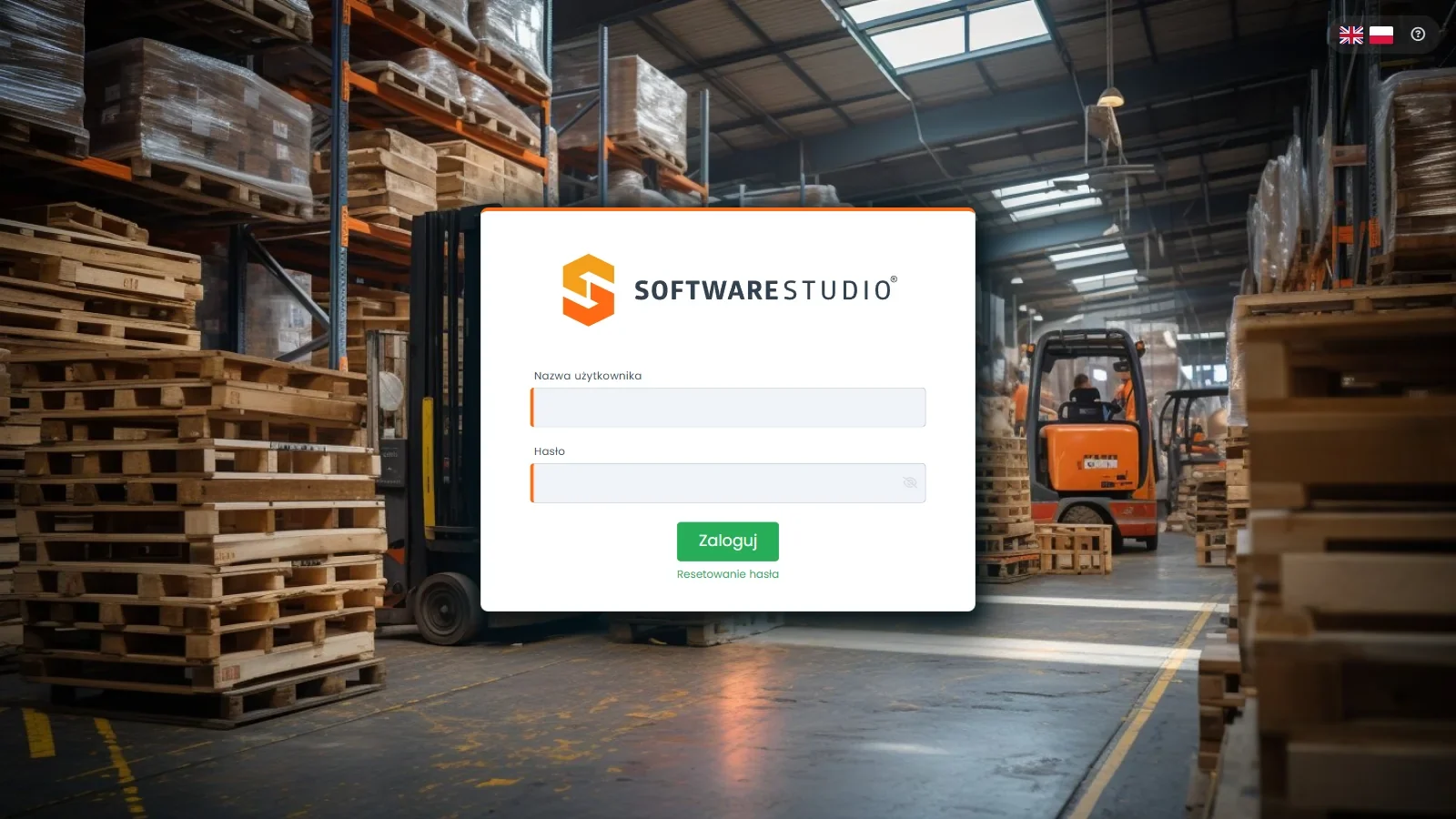 Ekran logowania Studio PWS.net z polami nazwa użytkownika i hasło na tle magazynu palet