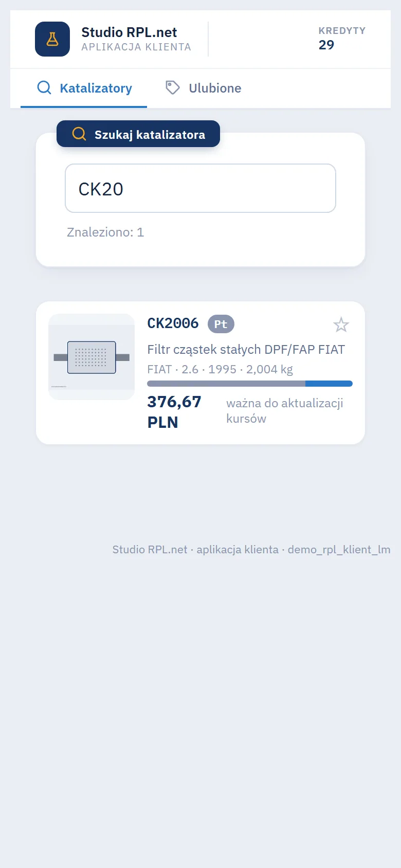 Aplikacja klienta na telefonie z wyszukiwarką katalizatorów, saldem kredytów i odsłoniętą ceną