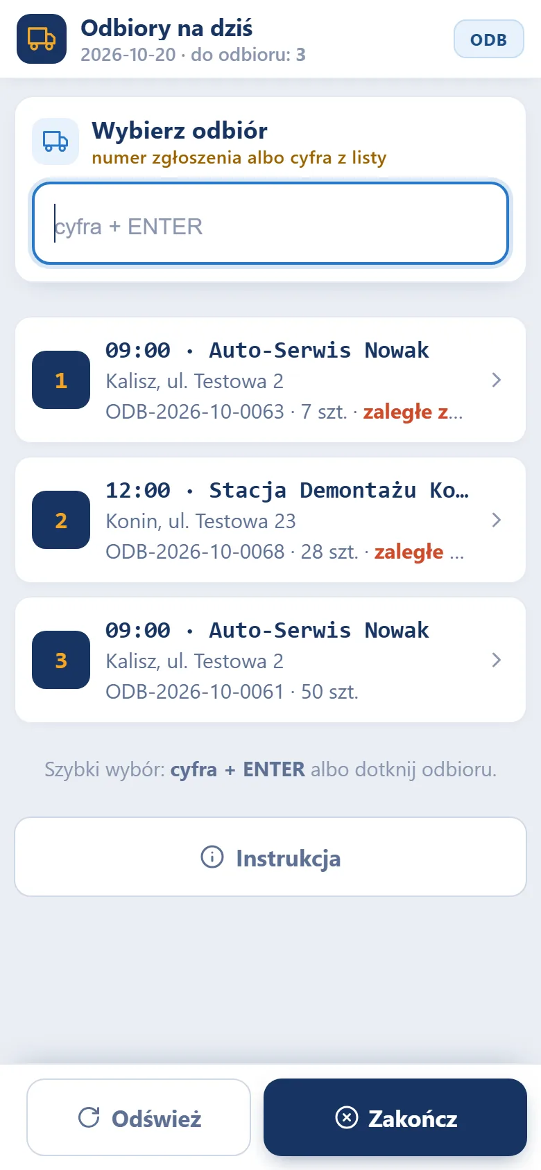 Lista odbiorów na dziś w telefonie kierowcy z godziną, dostawcą, adresem i liczbą sztuk
