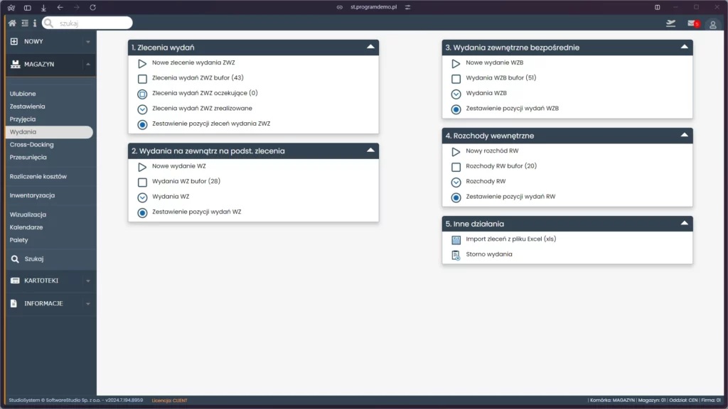 Ekran aplikacji Studio WMS.net przedstawia sekcję zarządzania wydaniami z magazynu. Centralna część ekranu jest podzielona na kilka modułów, które umożliwiają użytkownikom kompleksową obsługę procesów związanych z wydawaniem towarów.