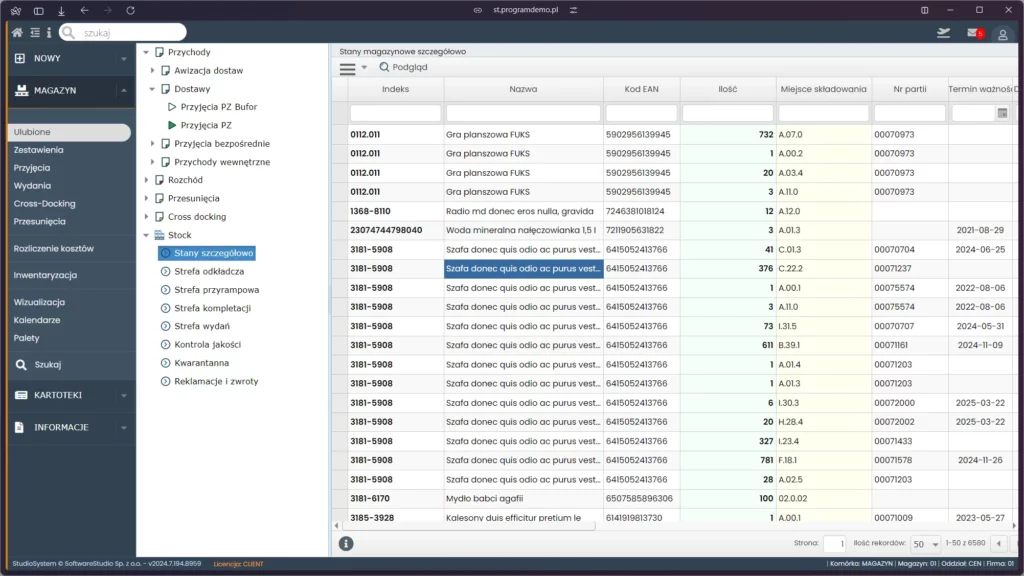 Ekran aplikacji Studio WMS.net przedstawia szczegółowe informacje o stanach magazynowych, umożliwiając użytkownikowi pełny wgląd w zasoby.