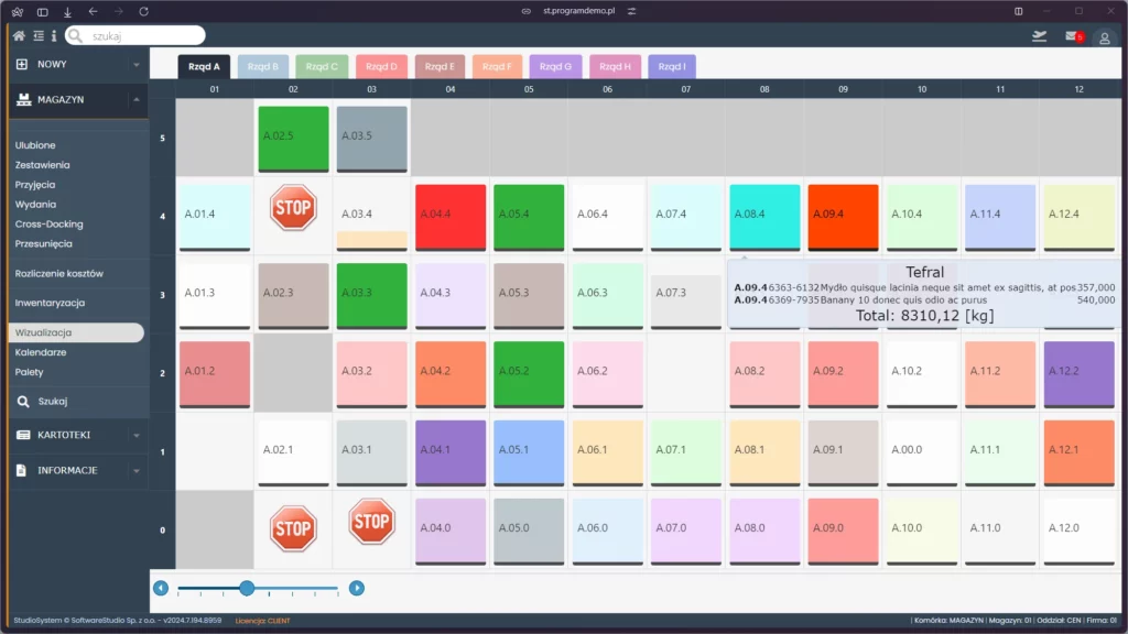 Przedstawiony ekran systemu Studio WMS.net ukazuje zaawansowaną wizualizację przestrzeni magazynowej, co stanowi kluczowy element nowoczesnych programów komputerowych do zarządzania magazynem.