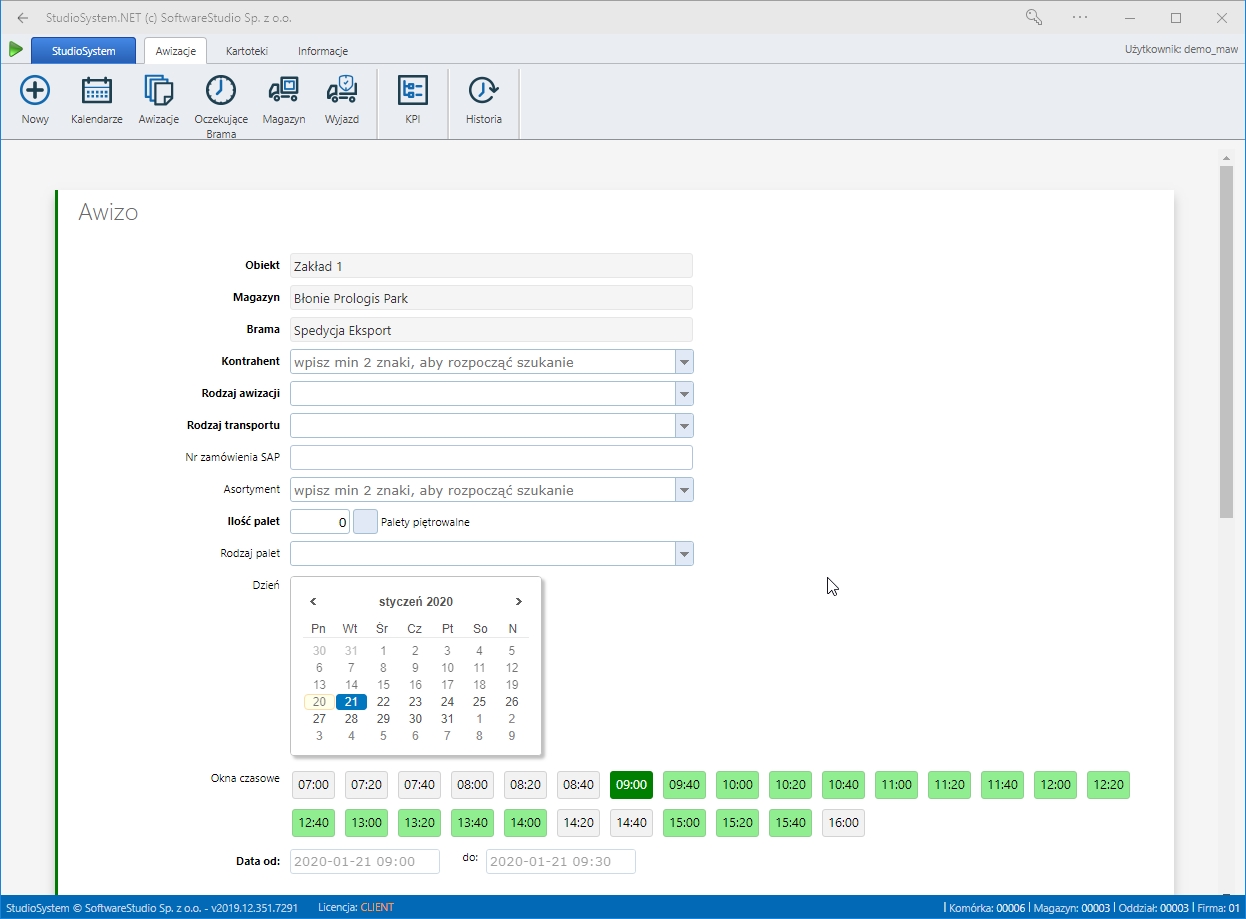 Interfejs programu WMS.net pokazujący dashboard z kluczowymi wskaźnikami wydajności magazynu wysokiego składowania