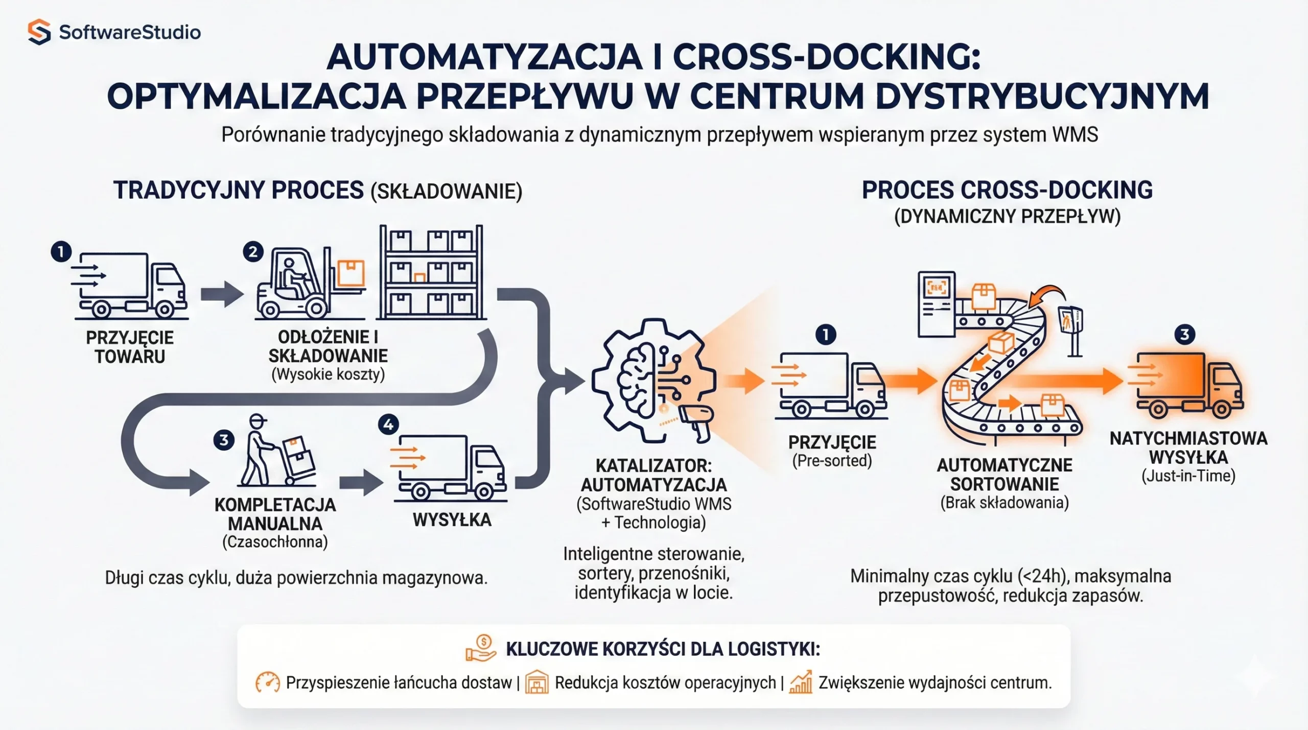 Porównanie tradycyjnego składowania z automatycznym cross-dockingiem w systemie SoftwareStudio WMS.