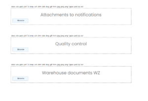 Trzy pola do przesyłania plików dla zgłoszeń, kontroli jakości i dokumentów WZ