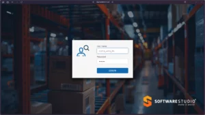 Ekran logowania Studio WMS.net z polami użytkownika i hasła oraz przyciskiem LOGIN