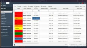 Tabela rejestru awarii z kolorowymi statusami i danymi urządzeń technicznych