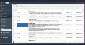 Widok kartoteki usług w systemie Studio TCS.net z listą usług technicznych, cenami i datami zapisów.