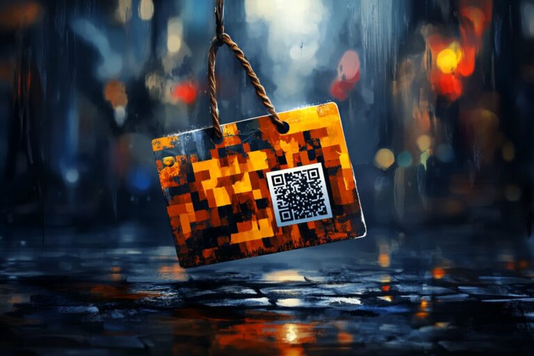 Etykieta logistyczna GS1 z kodem QR i wzorem pikselowym w kolorach pomarańczowo-czarnych