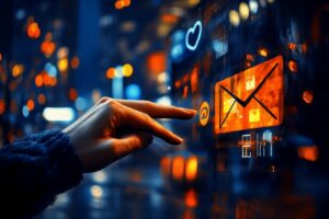 Kobieca dłoń obsługująca wirtualny interfejs z ikoną wiadomości w nowoczesnym, miejskim otoczeniu.