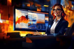 Interfejs asystenta tłumacza SoftwareStudio z wieloma ekranami analitycznymi, wykresami i danymi biznesowymi