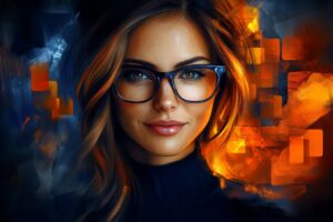 Interfejs asystenta AI do zarządzania umowami z kolorystyczną grafiką portretową i elementami cyfrowymi