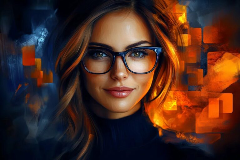 Interfejs asystenta AI do zarządzania umowami z kolorystyczną grafiką portretową i elementami cyfrowymi