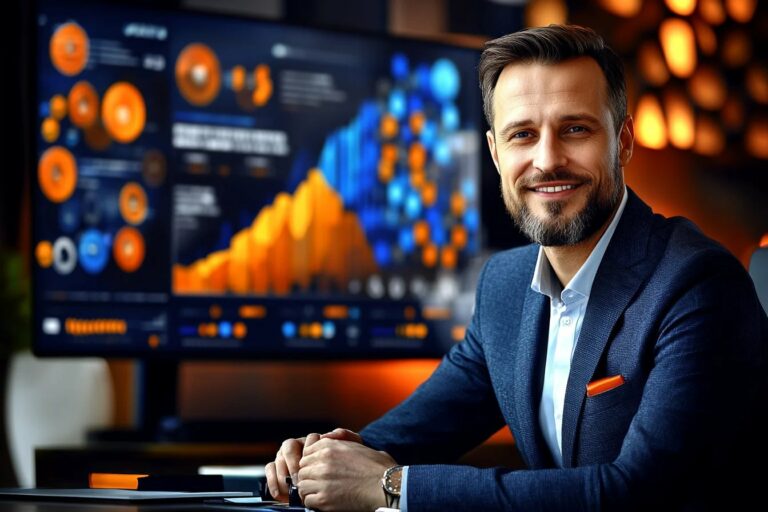 Mężczyzna w biurze na tle ekranu z analitycznym dashboardem systemu CRM i AI.