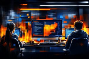 Zespół analityków pracujący z systemem ClientMind AI wyświetlającym dane klientów i wizualizacje analityczne na dużym monitorze.