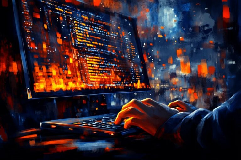 Analityk danych pracujący w nocy, używający DataFlow AI do przetwarzania strumieni danych na ekranie.