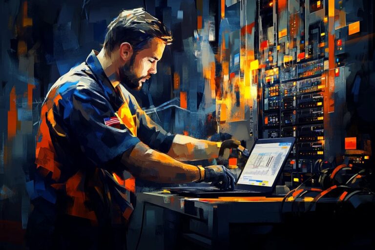 Inżynier IT w serwerowni monitoruje na laptopie postęp wdrożenia za pomocą aplikacji DeployMate AI.