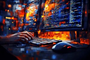 Programista pracujący z interfejsem GuidePro AI na wielu monitorach z kodem programu w środowisku deweloperskim.