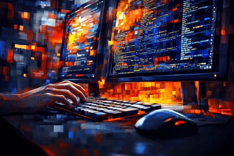 Programista pracujący z interfejsem GuidePro AI na wielu monitorach z kodem programu w środowisku deweloperskim.