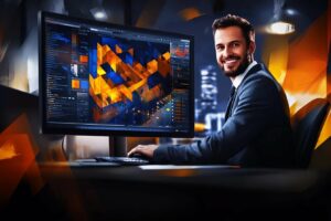 Prawnik w biurze analizuje dane prawne na złożonym pulpicie aplikacji LegalTrack AI.