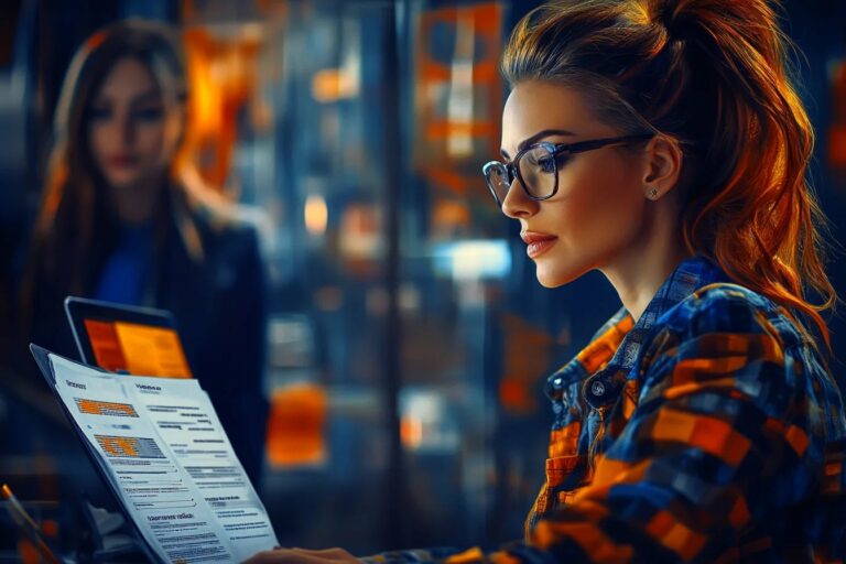 Pracownica firmy korzysta z interfejsu LinguaSmart AI na laptopie do tłumaczenia dokumentów biznesowych.