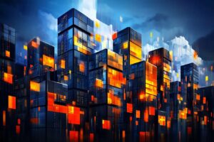 Platforma OpenAI Futurystyczne miasto z blokami danych i świecącymi elementami symbolizującymi architekturę platformy OpenAI