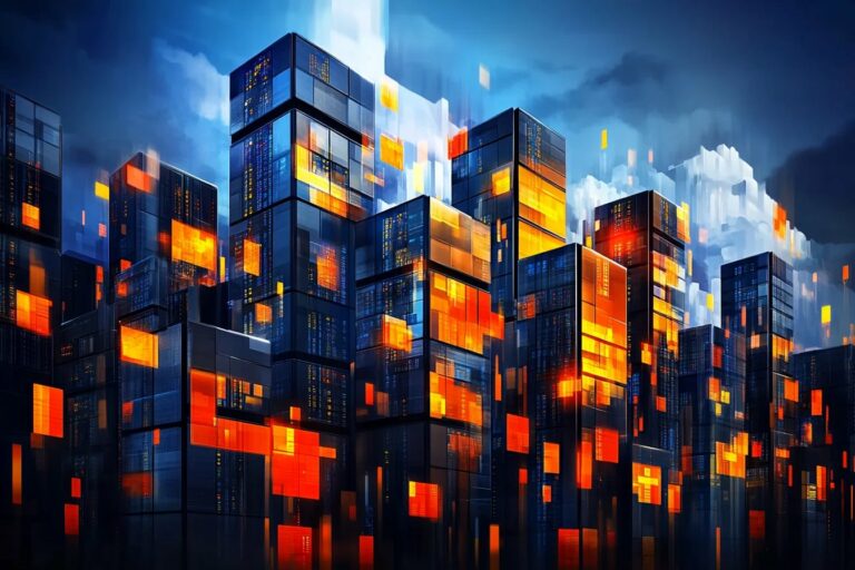 Platforma OpenAI Futurystyczne miasto z blokami danych i świecącymi elementami symbolizującymi architekturę platformy OpenAI