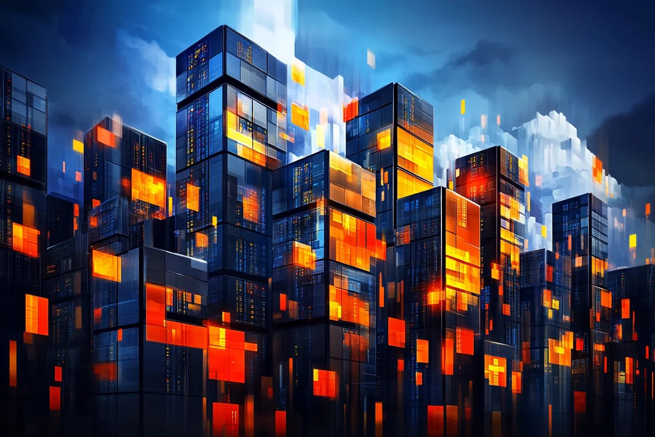 Platforma OpenAI Futurystyczne miasto z blokami danych i świecącymi elementami symbolizującymi architekturę platformy OpenAI