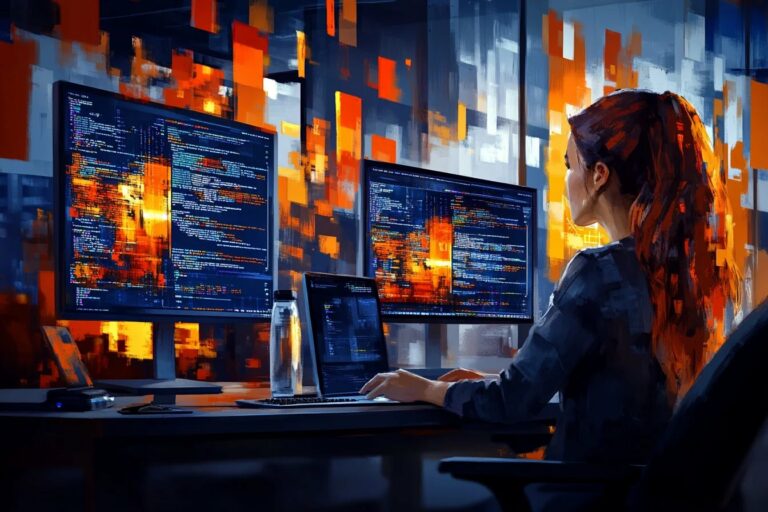 Programistka analizująca kod aplikacji SoftwareStudio AI Family na wielkich monitorach w nowoczesnym środowisku deweloperskim.