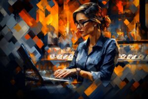 Sprzedawczyni w salonie jubilerskim obsługuje zgłoszenia reklamacyjne przy komputerze z wystawami biżuterii w tle.