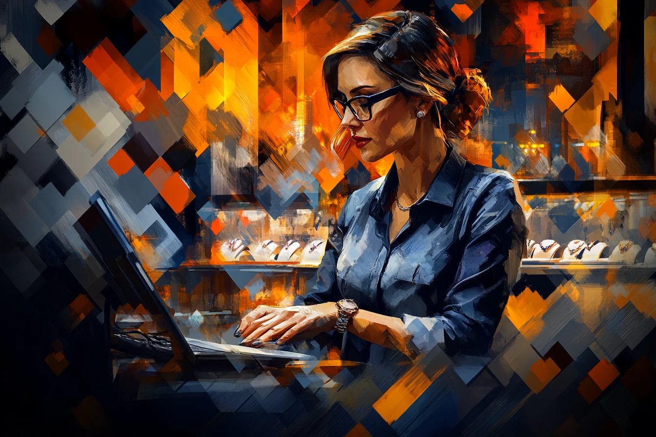 Sprzedawczyni w salonie jubilerskim obsługuje zgłoszenia reklamacyjne przy komputerze z wystawami biżuterii w tle.